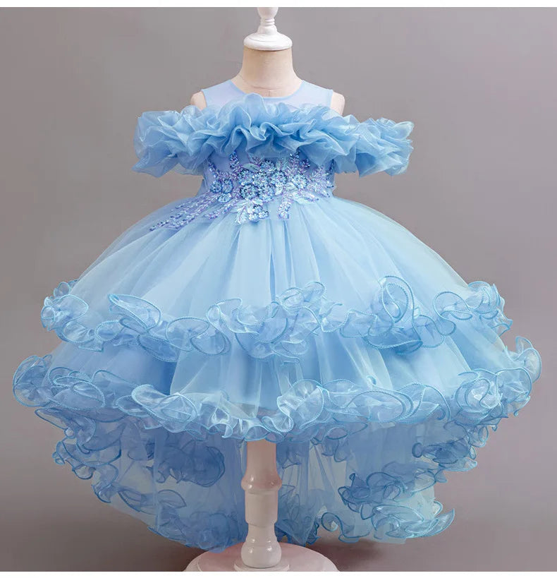 3-10 year old girl children's dragging dress new elegant girl performance puff skirt princess skirt flower children wedding girl