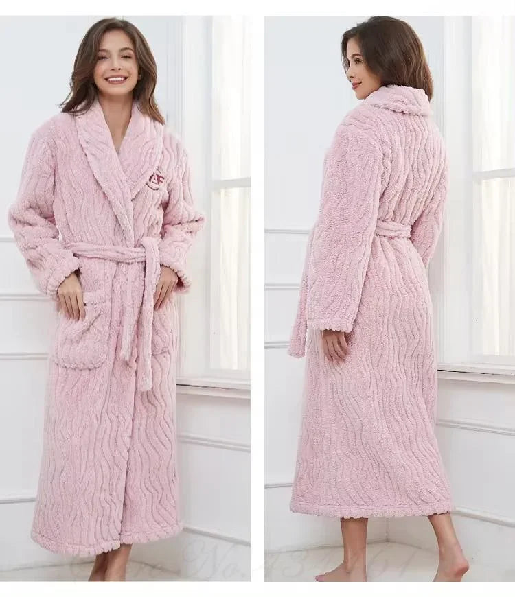 Plus Size Thicken Warm Couple Sleepwear Long Flannel Robe Kimono Bathrobe Gown Loungewear Loose Casual Coral Fleece Homewear