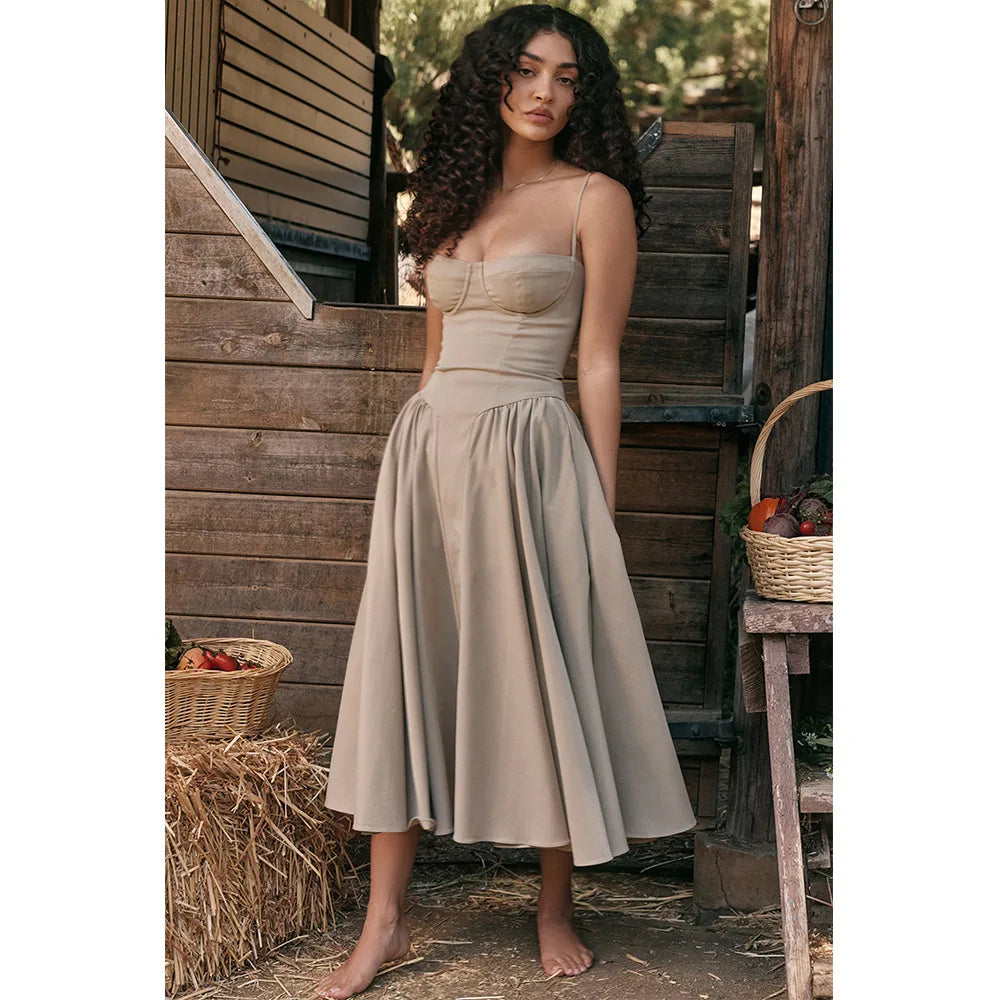 Summer Women Elegant Sleeveless Backless Pleated Dresses Lady Sexy Solid Sling Midi Dress 2024 Female Party Evening A-line Robes