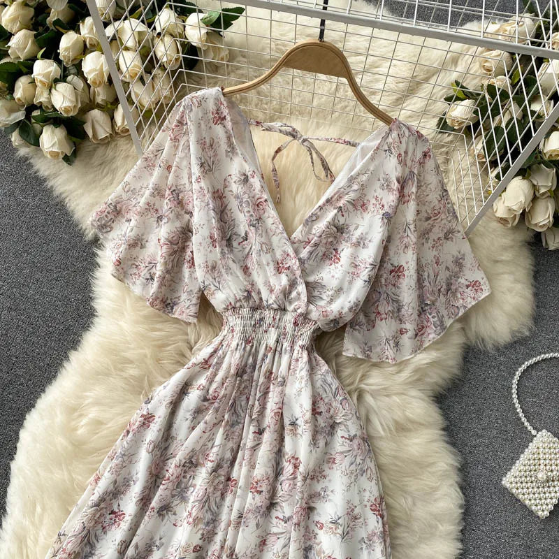 Retro Floral Print Ruffle Chiffon Elegant Midi Dress A-line V Neck Beach Vacation Dress Women Korean Fashion Summer Vestidos