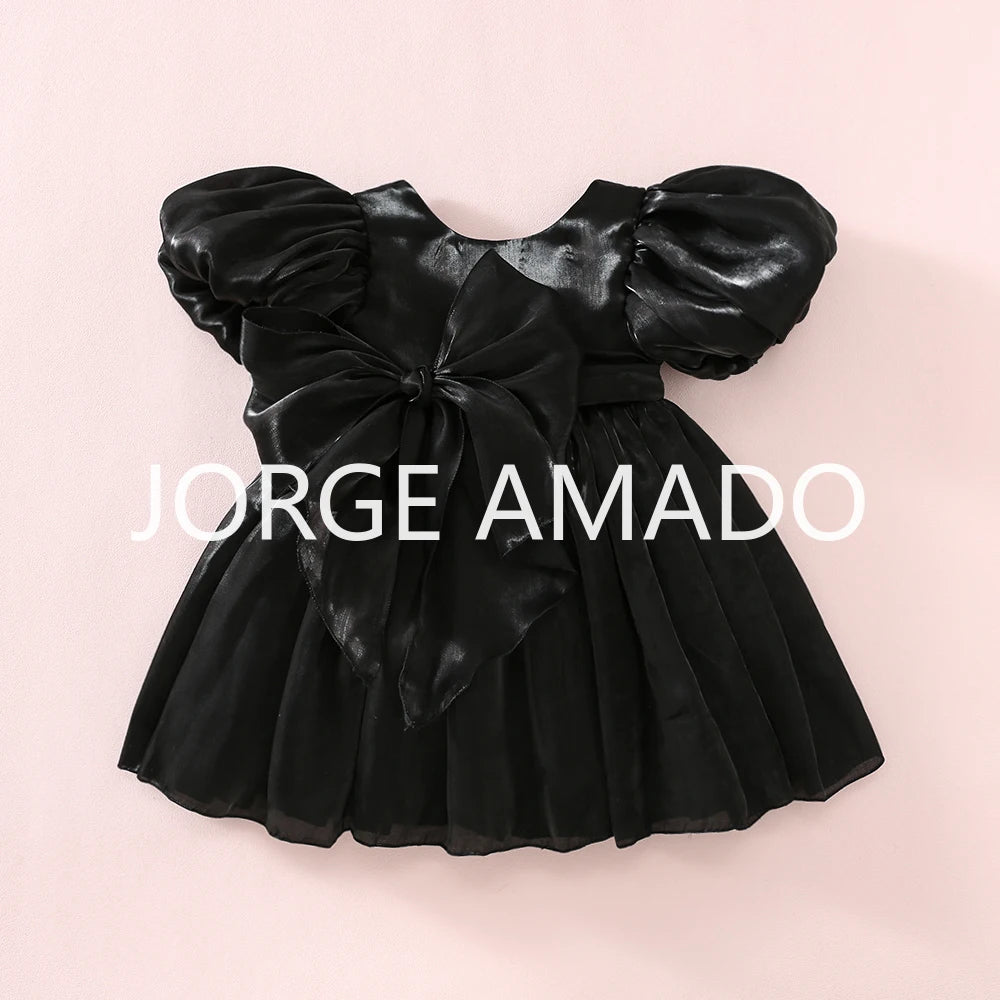 Baby Girl Summer Dress Short Puff Sleeves Large Bow Solid Round Neck Backless Princess Dresses Twins Daughter Clothing H0404