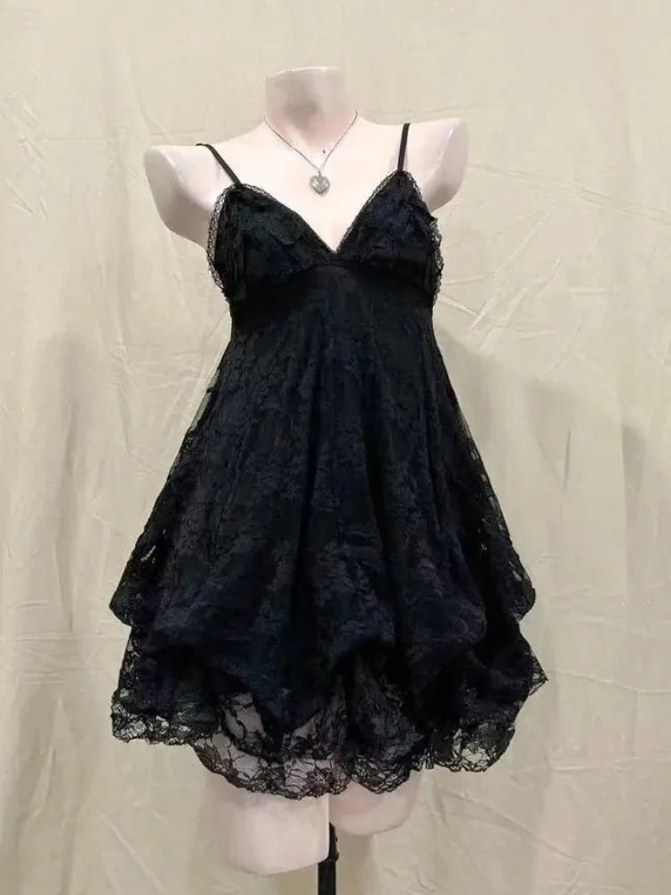 Woman Sweet Kawaii Y2k Min Dress Lolita Cute Sleeveless Floral Dress Spicy Girls Lace Up Ruffle Slim Fit Dresses Design Chic