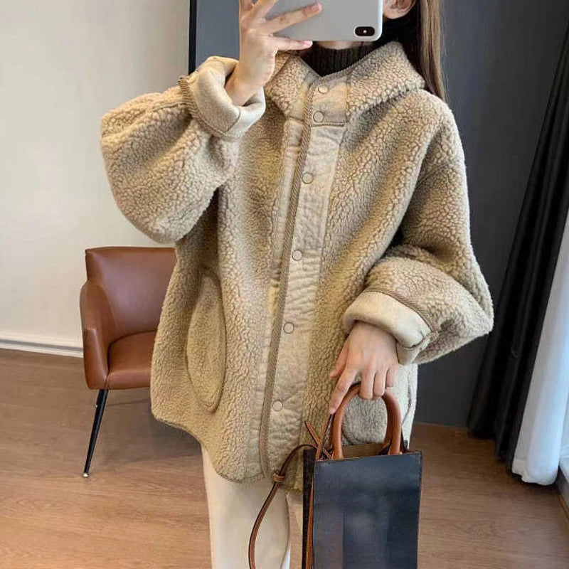 YTJHRG Women's Lamb Wool Coat Thick Warm Plush Jackets Streetwear Faux Fur 2024 New Autumn Winter Korean Fashion Female Clothing