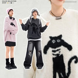 Cartoon Knitting Sweater Men Women Loose Knitted Jumpers Autumn Streetwear Harajuku Cat Pattern College Knit Pullovers Couple