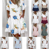 Women Summer Dress Casual V Neck Short Sleeve Butterfly Sleeve Floral Leaf Letter Print Mini Dresses Vestidos YSX9032