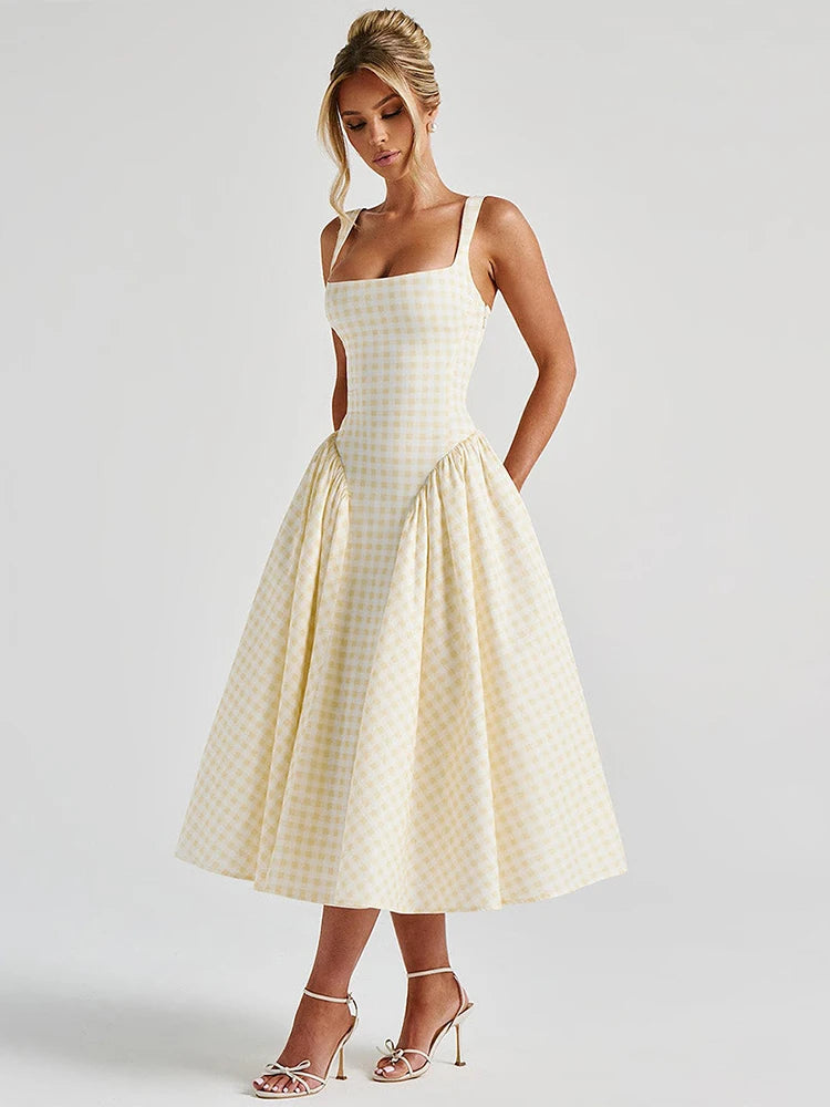 Elegant Sleeveless Pleat Mini Dress High Waist Square Neck Yellow Plaid Patchwork A-line Chic Women Robe 2025 Fashion Streetwear