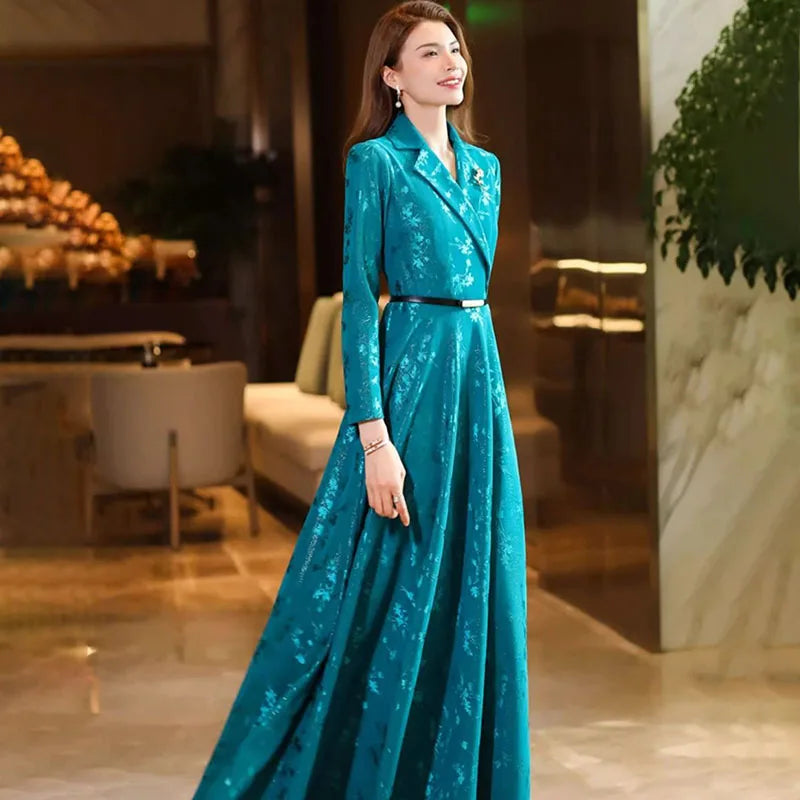 Spring Autumn 2025 New Chic Printed Dress Women's Evening Dresses High-End Luxury Slim Long-Sleeved Lake Blue Long Dress