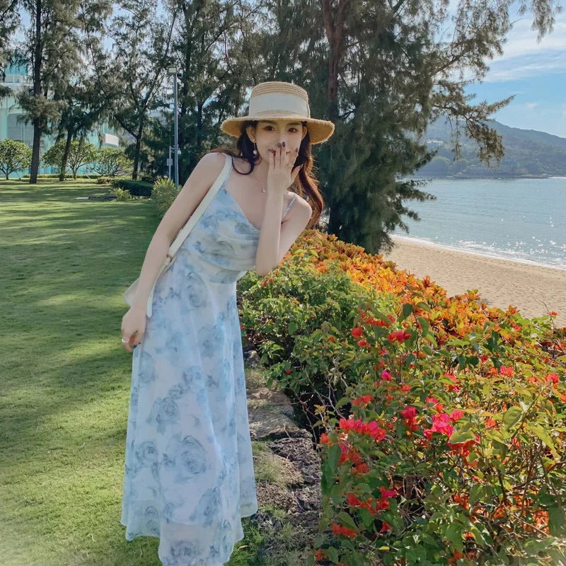 Sexy Backless Floral Stretch Suspender Dress Women's 2022 Waist Thin Section Sun Chiffon Elegant Women's Long Dresses for Party