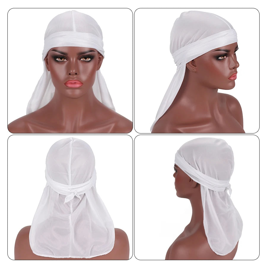 Plussign 1Pcs Durag Black White Silk Head Wrap Durag Man Headwear Headband Durag Hombre Long Tail Du-Rag Wig Accessories