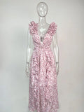 New Fashion Sleeveless Hollowed Out Slim Fit V-neck Ruffle Trimmed Floral Backless Dress For Women,3 Colors