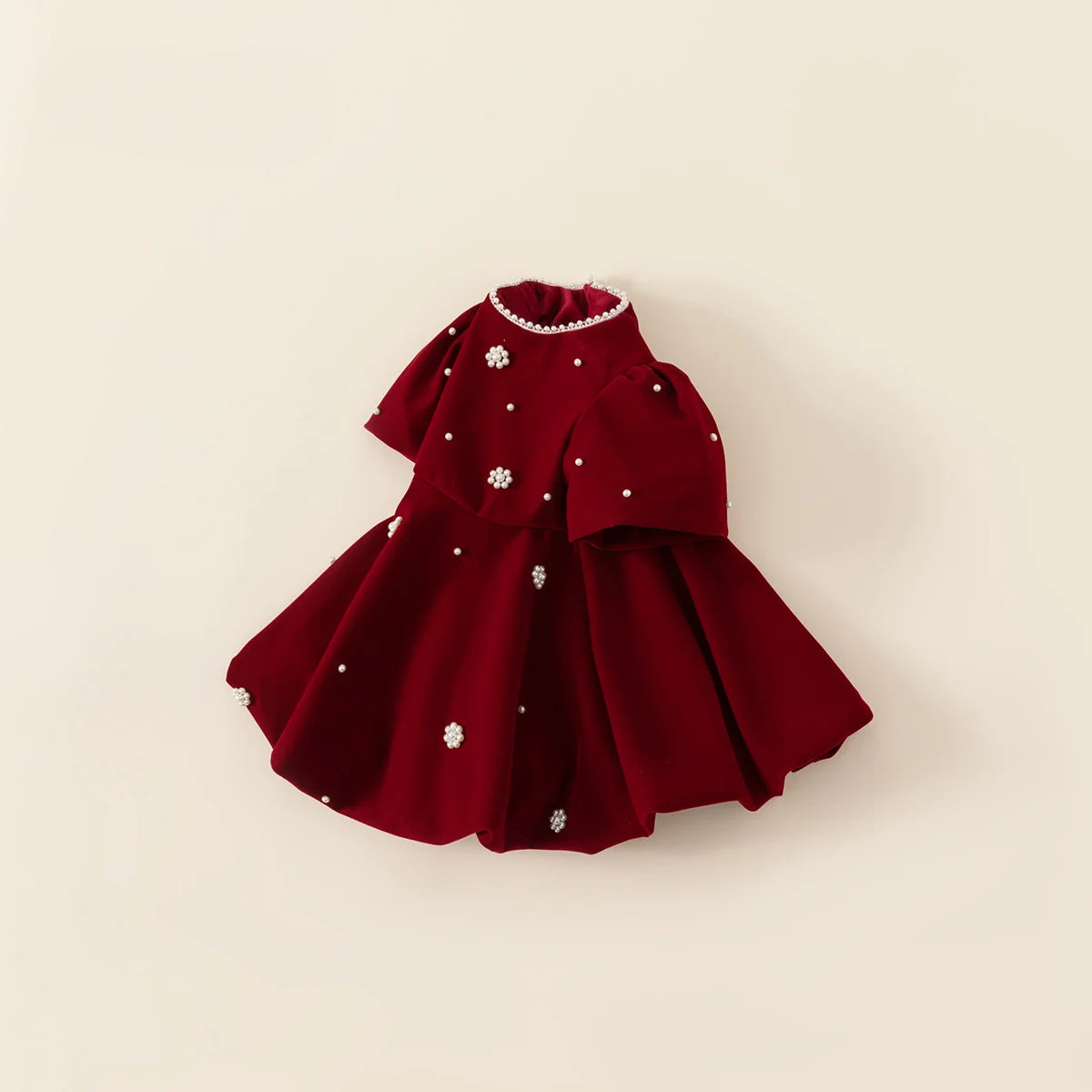 Children Clothing Girls Red Velvet Dress Christmas Party Flower Pearl Short Sleeve Dresses Kids Princess Gown Vestido for Baby