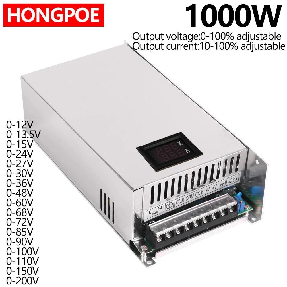 Digital display adjustable 500W 600W 1000W power supply 0-12V 15V 24V 27V 30V 36V 48V 60V 72V 90V 110V 150V 200V AC to DC SMPS