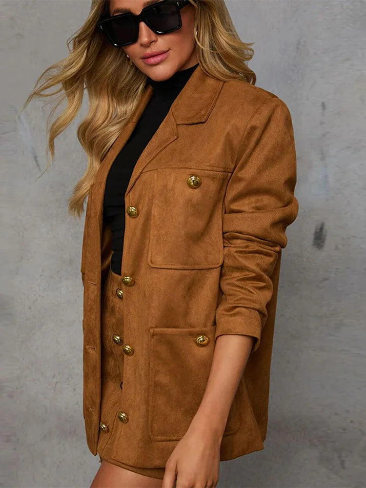 Elegant Brown Suede Jacket Women Fashion Lapel Long Sleeve With Pocket Coat Mini Skirt Suit 2024 New Autumn Lady High Streetwear