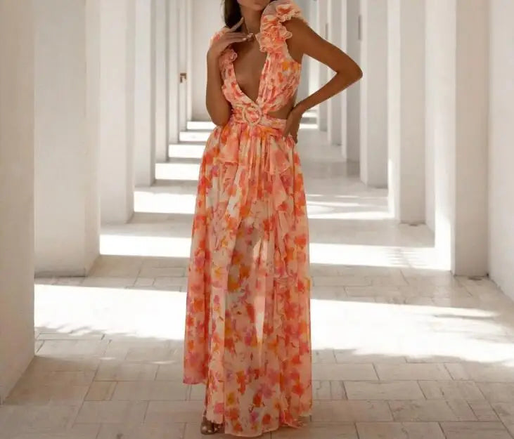 New Fashion Sleeveless Hollowed Out Slim Fit V-neck Ruffle Trimmed Floral Backless Dress For Women,3 Colors