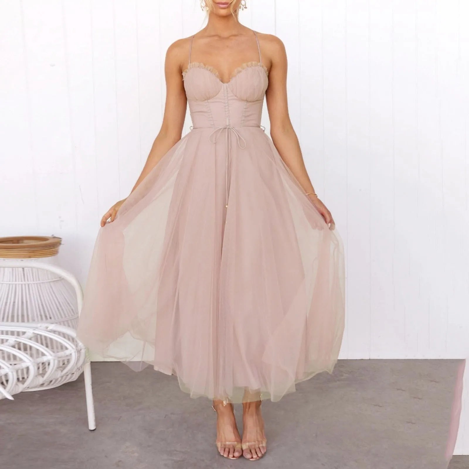 Sexy Spaghetti Strap Mesh Stitching Long Dress Women's Elegant Slim Fit Backless Drawstring Dress Ladies Evening Party Dress