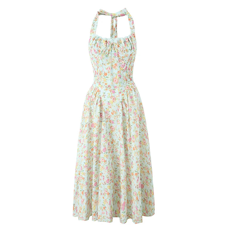 YENKYE Lace Trim Floral Print Halter Dress For Women Sexy Backless Low Waist Midi Summer Dresses Holiday Party Robe