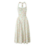 YENKYE Lace Trim Floral Print Halter Dress For Women Sexy Backless Low Waist Midi Summer Dresses Holiday Party Robe