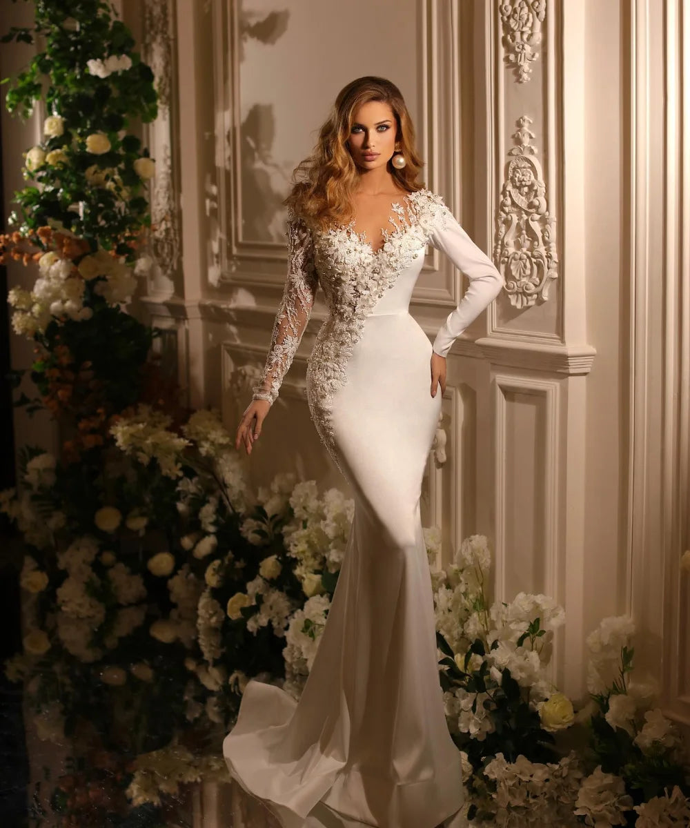 Exquisite Sheer V Neck Pearls Wedding Dress Custom Made Lace Embroidery with Overskirts Vestido De Novia