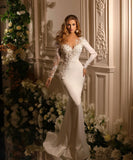 Exquisite Sheer V Neck Pearls Wedding Dress Custom Made Lace Embroidery with Overskirts Vestido De Novia