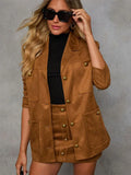 Elegant Brown Suede Jacket Women Fashion Lapel Long Sleeve With Pocket Coat Mini Skirt Suit 2024 New Autumn Lady High Streetwear