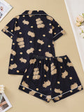 Black background cute capybara cardigan women's sleepwear set short sleeved top and loose pants comfortable women's sleepwear