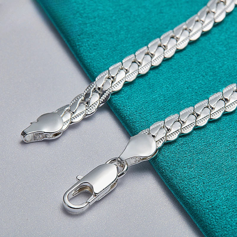 925 Sterling Silver Bracelet 6mm 18/20cm Flat Side Chain Lobster Clasp Bracelet For Woman Man Party Wedding Jewelry Holiday Gift