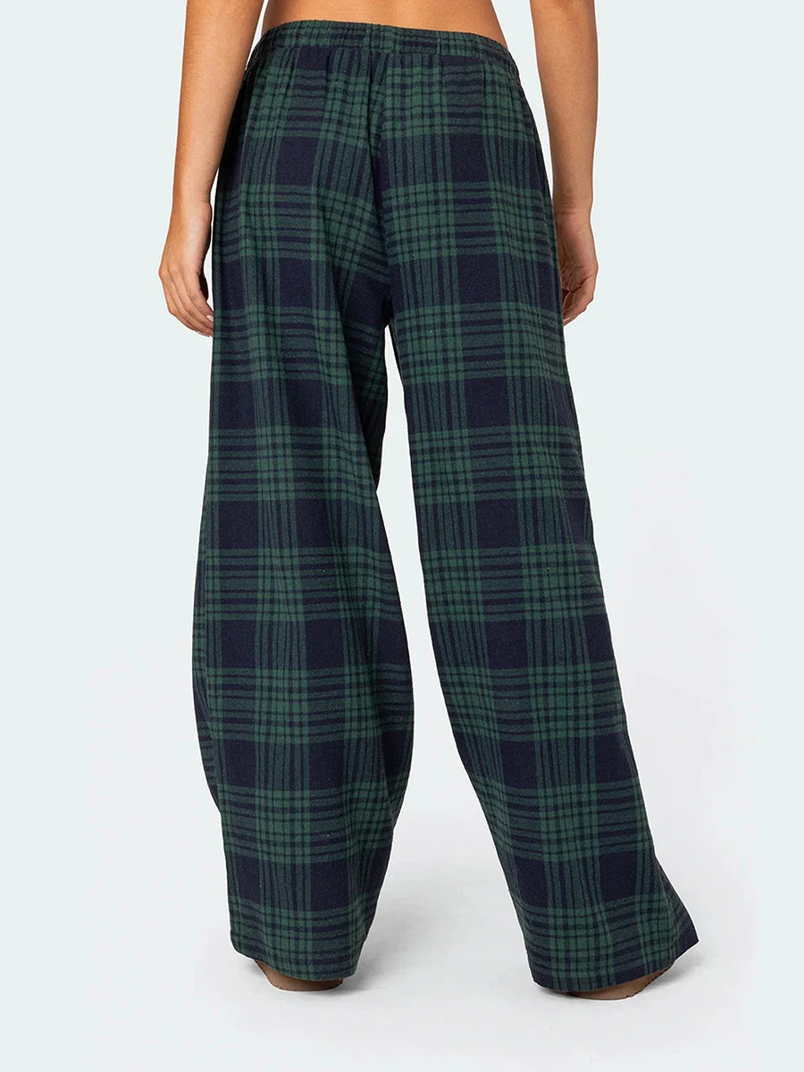 Women Y2k Oversize Pants Lounge Bottoms Fashion Plaid Casual Pants Elastic High Waist Casual Pockets Pajama Pants Homewear