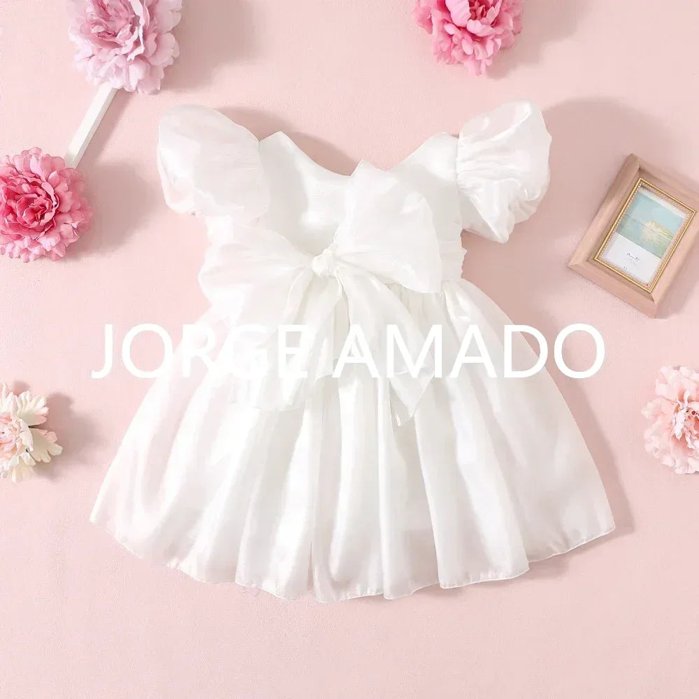 Baby Girl Summer Dress Short Puff Sleeves Large Bow Solid Round Neck Backless Princess Dresses Twins Daughter Clothing H0404