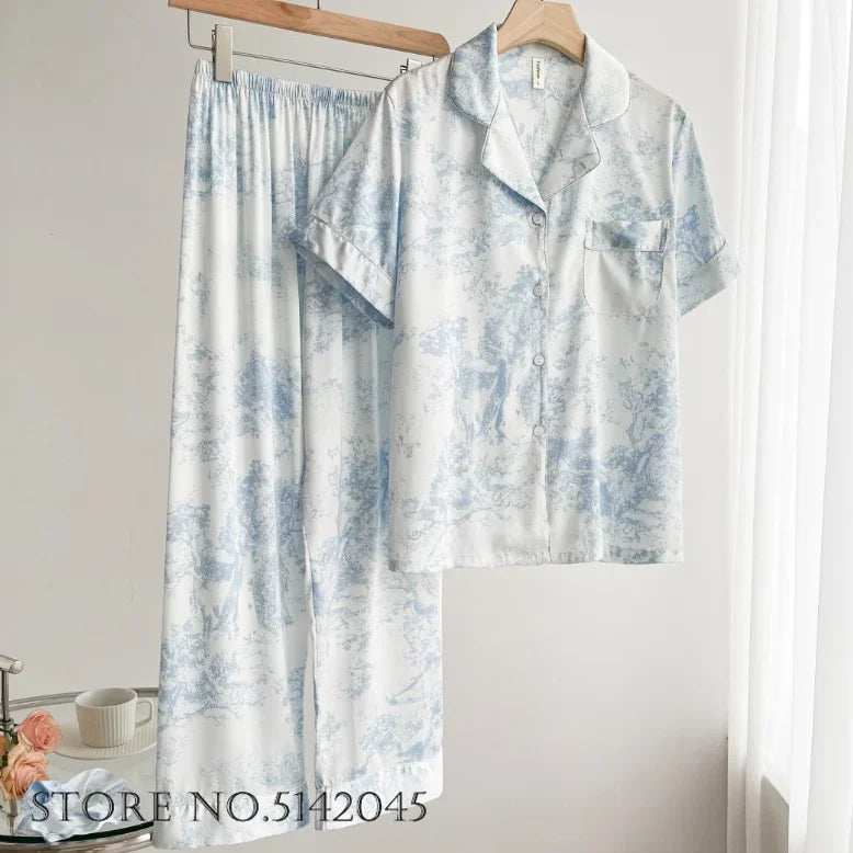 Summer Women's Pajama Sets Short Sleeve Pyjamas Flower Print Home Clothes Sleepwear Soft and Comfortable Loungewear Nightwear