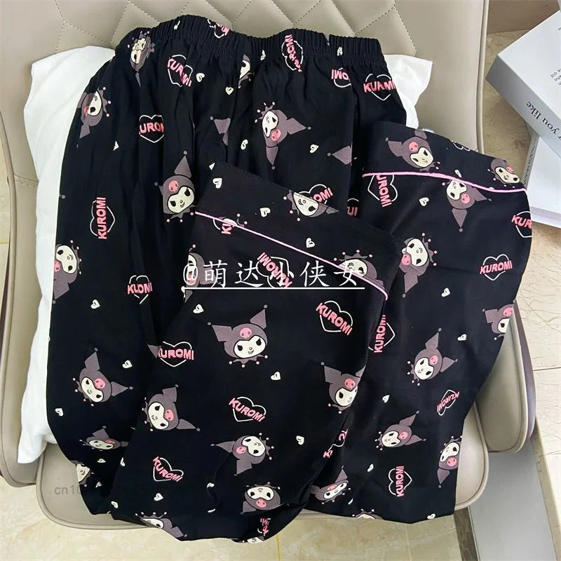 Sanrio Black Kuromi Hello Kitty Pink Pijamas Set Y2k Women's Casual Loose Summer 2 Pcs Pyjamas Suit Home Clothing