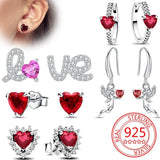 925 Sterling Silver Angel Earrings Red Heart Shape Zircon Stud Earrings for Women Engagement Luxury Jewelry Accessories Gift