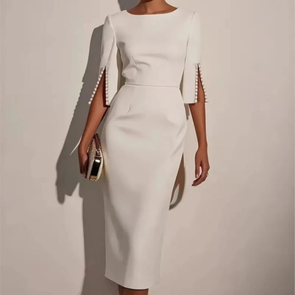 Elegant Round Neck Half Sleeved Beaded Mid Length Dress New Spring Summer Solid Color Commuting Slim Fit Dress Women's Wear