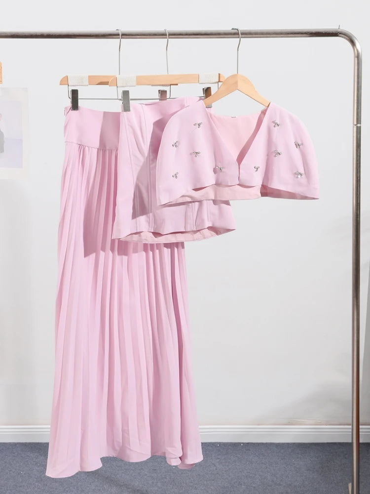 Elegant Shawl Pleated Top Long Skirt Women Set Sleeveless Tops Diamond Shawl High Waist Fashion Evening Skirts Summer Lady Suit