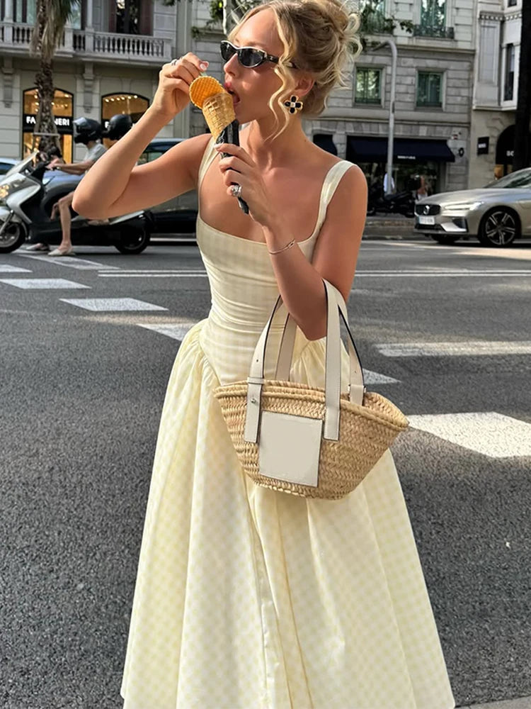 Elegant Sleeveless Pleat Mini Dress High Waist Square Neck Yellow Plaid Patchwork A-line Chic Women Robe 2025 Fashion Streetwear