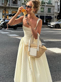 Elegant Sleeveless Pleat Mini Dress High Waist Square Neck Yellow Plaid Patchwork A-line Chic Women Robe 2025 Fashion Streetwear