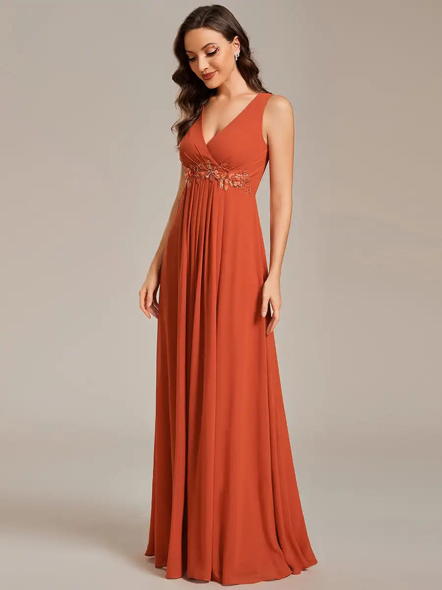 Elegant Evening Dresses V Neck Appliques Ruched Sleeveless Appliques 2024 Ever pretty of A-Line  Burnt Orange Bridesmaid dress