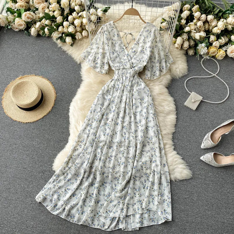Retro Floral Print Ruffle Chiffon Elegant Midi Dress A-line V Neck Beach Vacation Dress Women Korean Fashion Summer Vestidos
