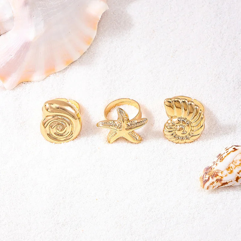 3Pcs/Set Fashion Metal Starfish Ring Set for Women Men Vintage Gold Color Conch Geometric Open Adjustable Finger Rings Jewelry