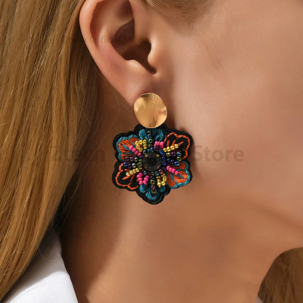 New Korean Fashion Colorful Flower Handmade Beaded Dangle Earrings For Women 2023 Trending Elegant Statement Jewelry Accessories