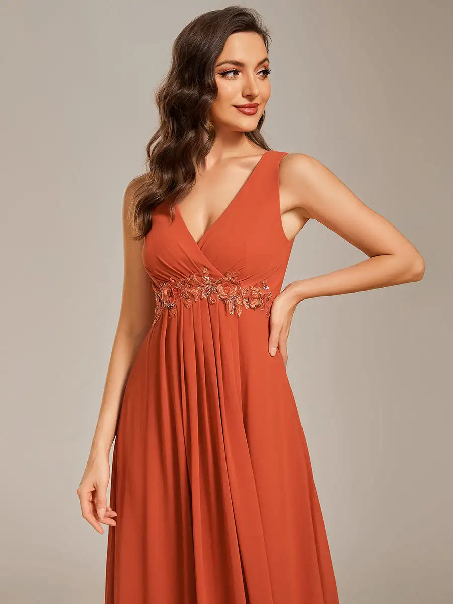 Elegant Evening Dresses V Neck Appliques Ruched Sleeveless Appliques 2024 Ever pretty of A-Line  Burnt Orange Bridesmaid dress