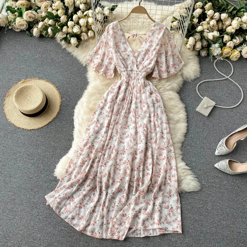 Retro Floral Print Ruffle Chiffon Elegant Midi Dress A-line V Neck Beach Vacation Dress Women Korean Fashion Summer Vestidos