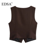 EDSA Women Brown Waistcoat with Side Vents Single Breasted Sleeveless V-neck Vest for Female Top