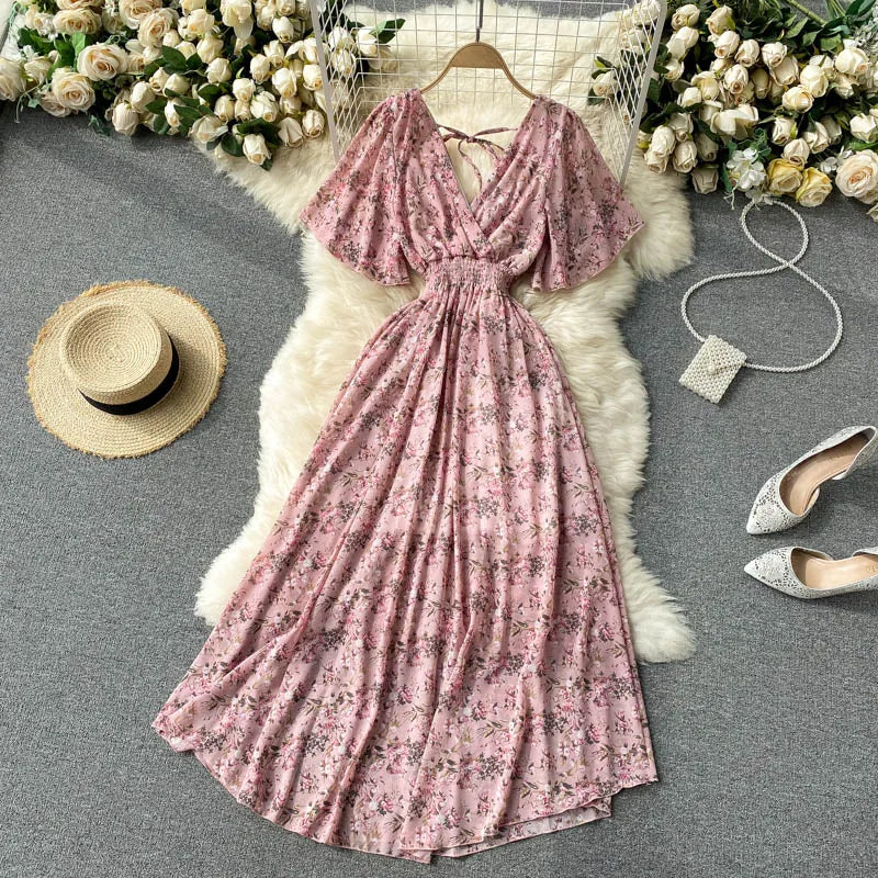 Retro Floral Print Ruffle Chiffon Elegant Midi Dress A-line V Neck Beach Vacation Dress Women Korean Fashion Summer Vestidos