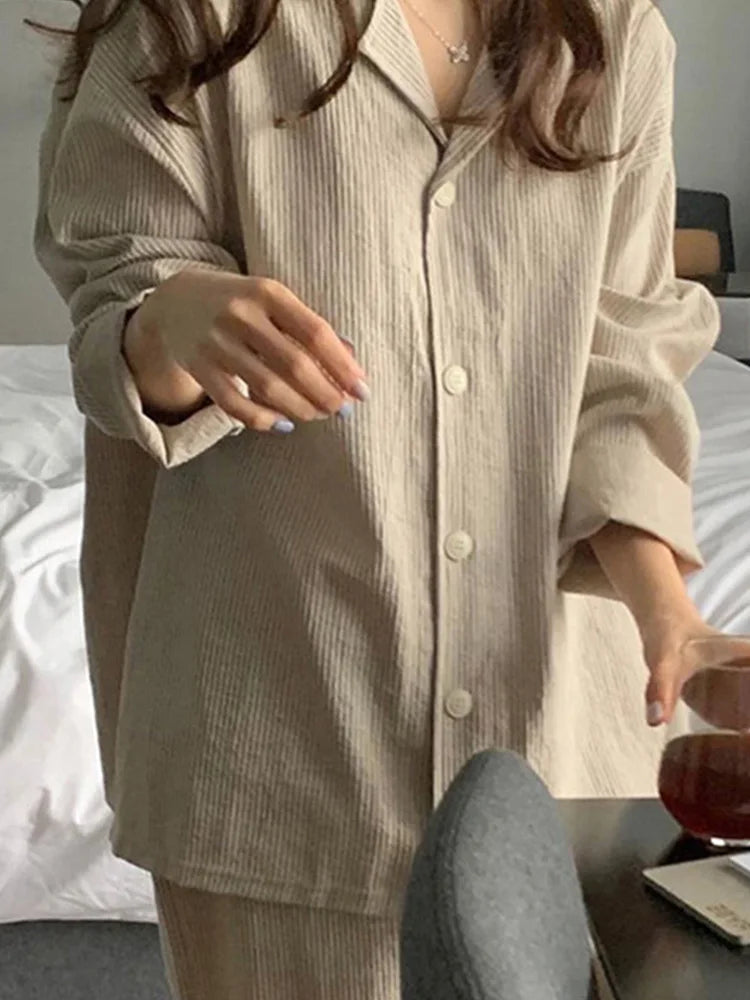 Fashion Stripe Long Sleeve Pajamas Women Single Breasted Buckle Turn Down Collar Home Wear High Grade 2024 Autumn Pajama Sets