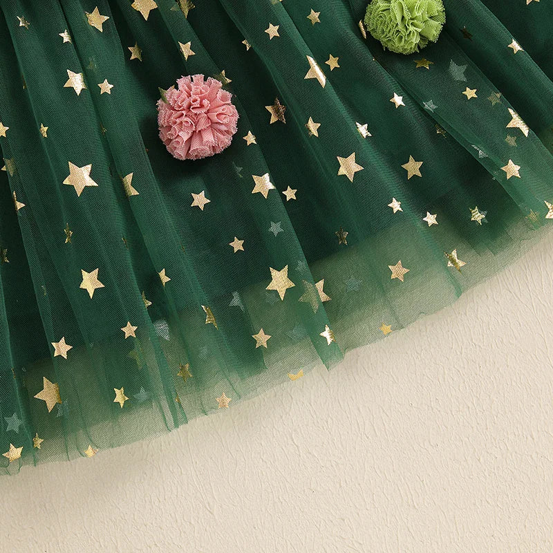 Christmas Costume Summer Kids Girl Green Dress Print Sleeveless Star Layered Tulle Dress Plush Ball Hat Baby Xmas Party Clothes