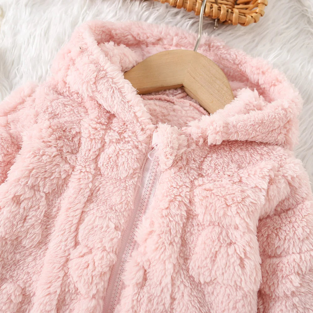 Autumn And Winter Girls' Outerwear Top Cute Hooded Fur Coat Jacket Sweet Solid Color Warm Baby Girl Clothing