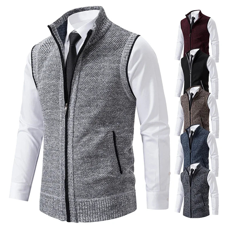 Vest Men Knitted Sleeveless Sweater Jacket Wool Velvet Zipper Cardigan Turn-down Pullovers Turtleneck Sweatercoat Knit Waistcoat