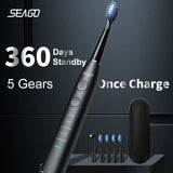 Seago SG-575 Electric Toothbrush with 4 Replacement Heads USB Rechargeable 360 Days Long Battery Life Electric Sonic Toothbrush