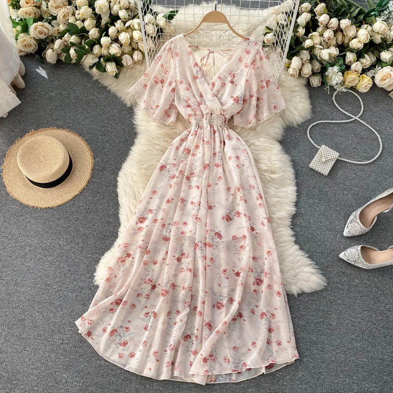 Retro Floral Print Ruffle Chiffon Elegant Midi Dress A-line V Neck Beach Vacation Dress Women Korean Fashion Summer Vestidos