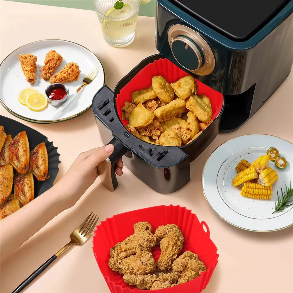 22cm Silicone Air Fryers Oven Baking Tray Pizza Fried Chicken Airfryer Basket Reusable Airfryer Pan Liner Accessories with Brush